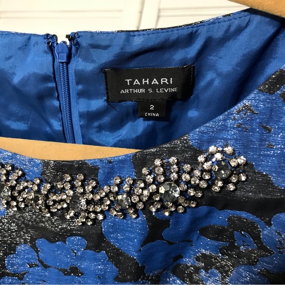 Tahari ALS Jacquard Sleeveless Dress Blue Metallic Floral Rhinestone Size 2 - Picture 4 of 7
